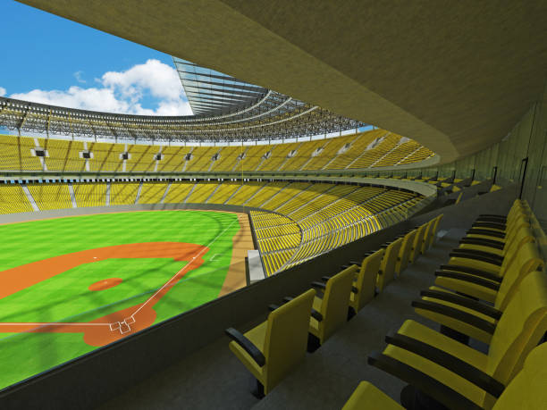 istock 3D render of baseball stadium with yellow seats and VIP boxes 666483452