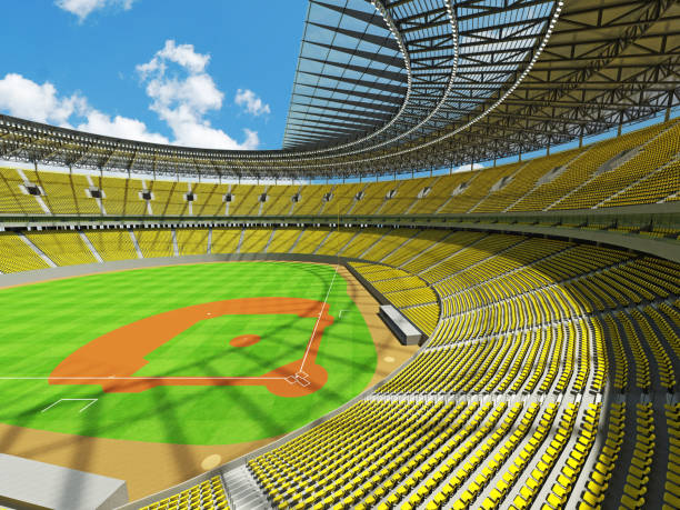 istock 3D render of baseball stadium with yellow seats and VIP boxes 666483456