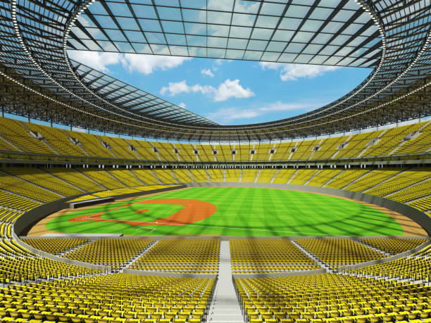 istock 3D render of baseball stadium with yellow seats and VIP boxes 666483462