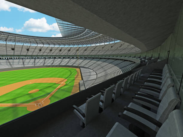 istock 3D render of baseball stadium with white seats and VIP boxes 666483480