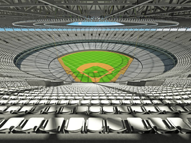 istock 3D render of baseball stadium with white seats and VIP boxes 666483490