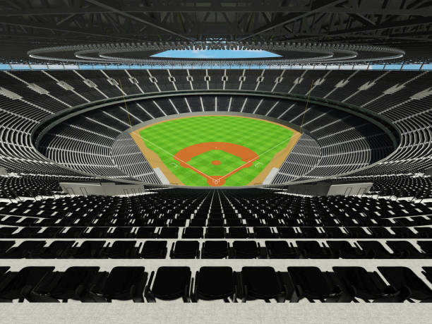 istock 3D render of baseball stadium with black seats and VIP boxes 666483506