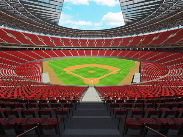 istock 3D render of baseball stadium with red seats and VIP boxes 666483508
