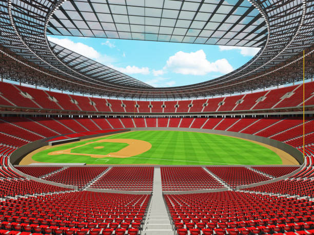 istock 3D render of baseball stadium with red seats and VIP boxes 666483510