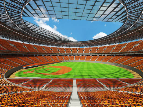 istock 3D render of baseball stadium with orange seats and VIP boxes 666483526