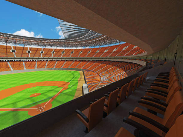 istock 3D render of baseball stadium with orange seats and VIP boxes 666483534
