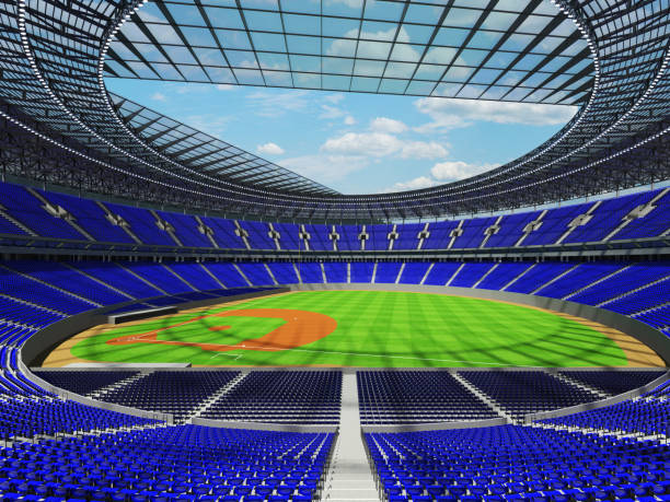 istock 3D render of baseball stadium with blue seats and VIP boxes 666483540