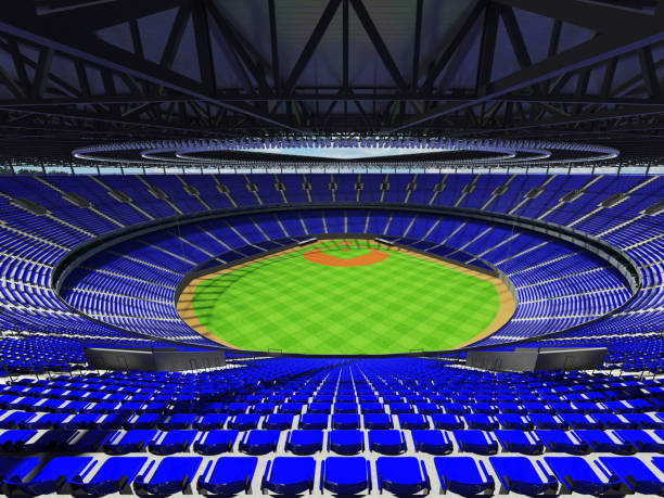 istock 3D render of baseball stadium with blue seats and VIP boxes 666483550