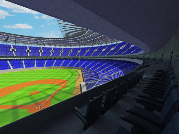 istock 3D render of baseball stadium with blue seats and VIP boxes 666483552
