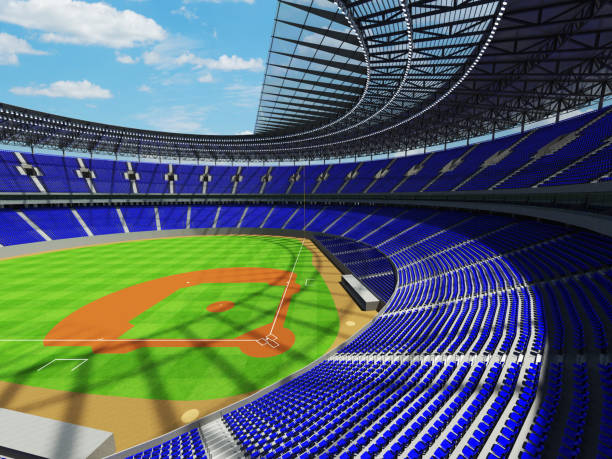 istock 3D render of baseball stadium with blue seats and VIP boxes 666483558