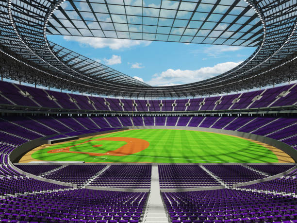 istock 3D render of baseball stadium with purple seats and VIP boxes 666483562