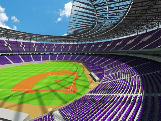 istock 3D render of baseball stadium with purple seats and VIP boxes 666483578