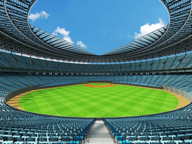istock 3D render of baseball stadium with sky blue seats and VIP boxes 666483594