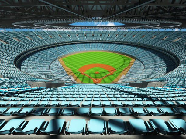 istock 3D render of baseball stadium with sky blue seats and VIP boxes 666483602