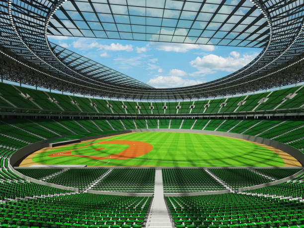 istock 3D render of baseball stadium with green seats and VIP boxes 666483604