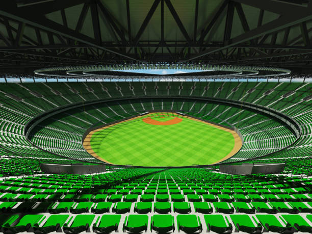 istock 3D render of baseball stadium with green seats and VIP boxes 666483606