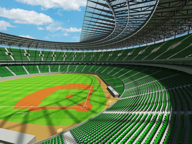 istock 3D render of baseball stadium with green seats and VIP boxes 666483610
