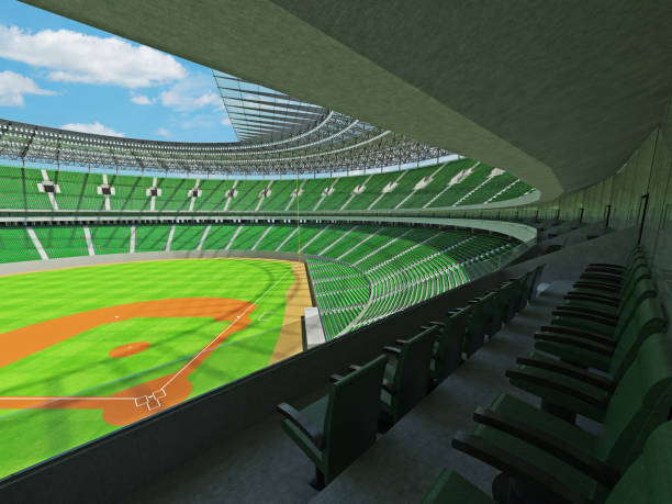istock 3D render of baseball stadium with green seats and VIP boxes 666483614