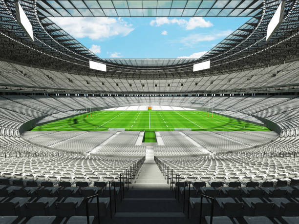 istock 3D render of a round rugby stadium with  white seats and VIP boxes 666483642