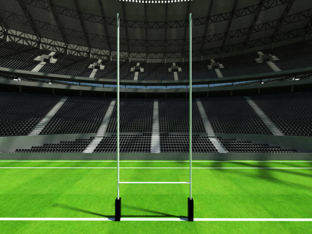 istock 3D render of a round rugby stadium with  black seats and VIP boxes 666483676
