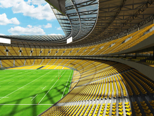 istock 3D render of a round rugby stadium with  yellow seats and VIP boxes 666483852