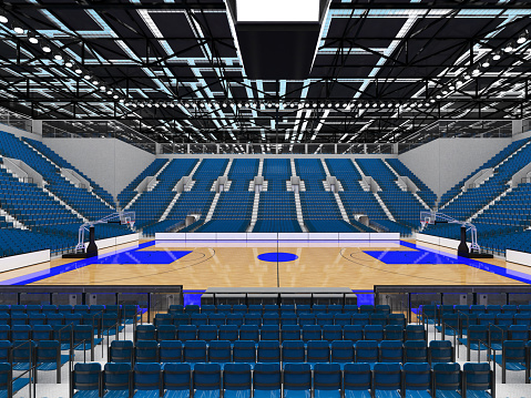 Beautiful sports arena for basketball with gray blue seats and VIP boxes
