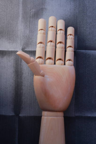 istock Wooden hand with five raised fingers 666486330