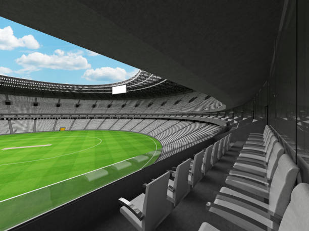 istock 3D render of a round cricket stadium with white seats and VIP boxes 666486442