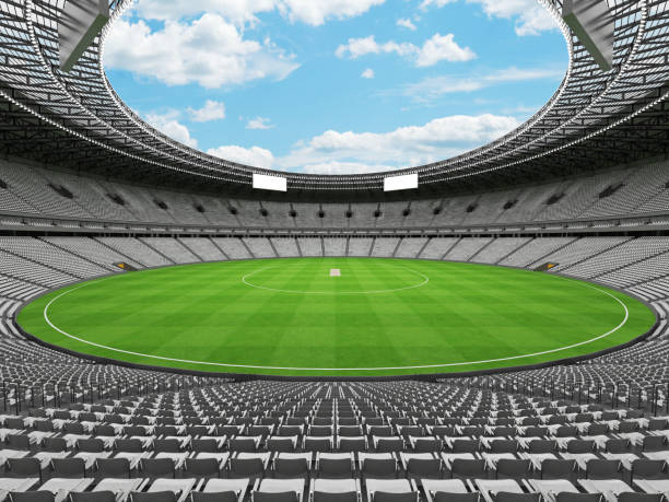 istock 3D render of a round cricket stadium with white seats and VIP boxes 666486460