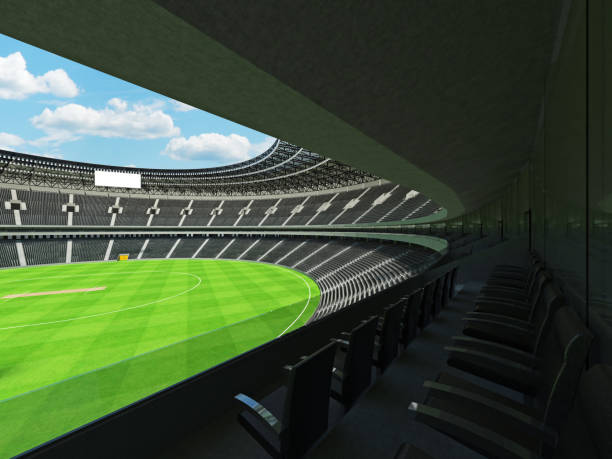 istock 3D render of a round cricket stadium with black seats and VIP boxes 666486496