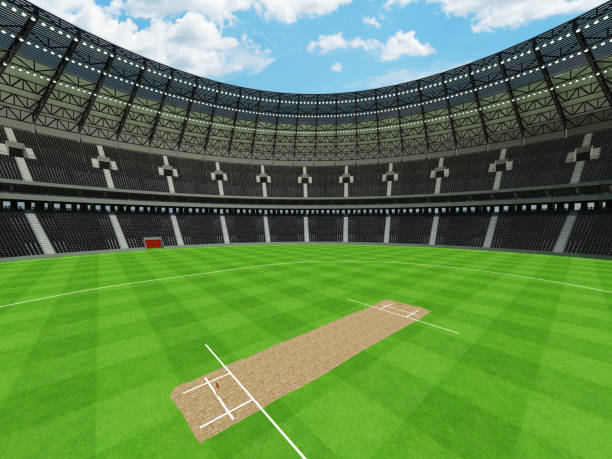istock 3D render of a round cricket stadium with black seats and VIP boxes 666486500