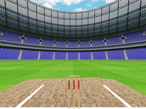 istock 3D render of a round cricket stadium with blue seats and VIP boxes 666486558