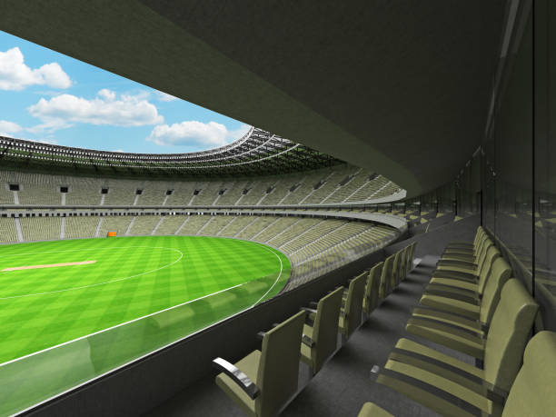 istock 3D render of a round cricket stadium with grey green  seats and VIP boxes 666486568