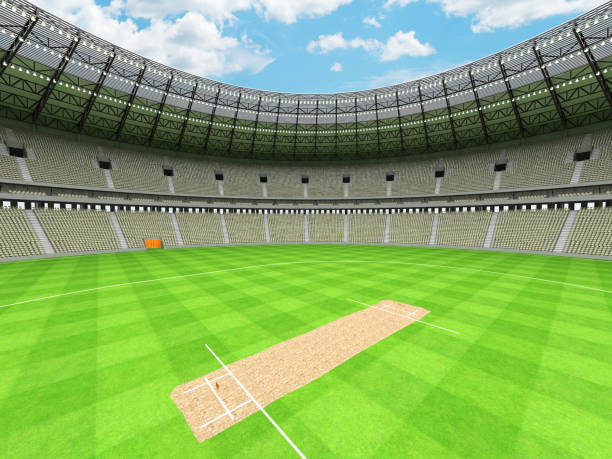 istock 3D render of a round cricket stadium with grey green  seats and VIP boxes 666486594
