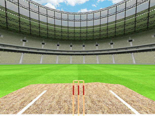 istock 3D render of a round cricket stadium with grey green  seats and VIP boxes 666486596