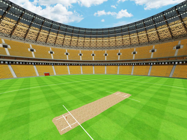 istock 3D render of a round cricket stadium with yellow  seats and VIP boxes 666486620