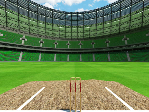 istock 3D render of a round cricket stadium with green seats and VIP boxes 666486624