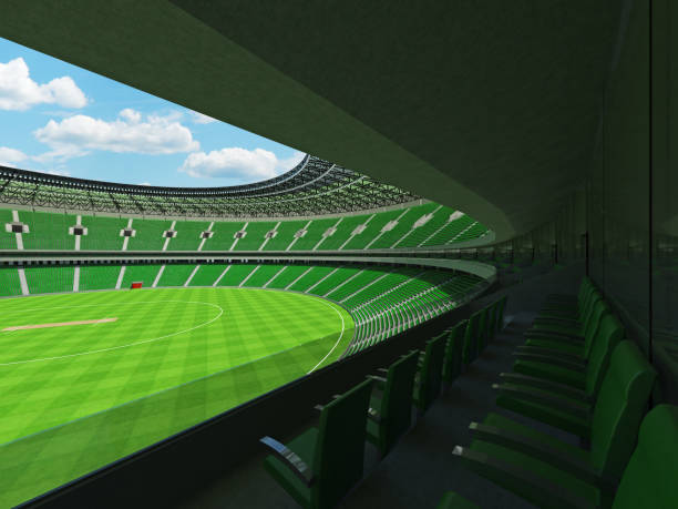 istock 3D render of a round cricket stadium with green seats and VIP boxes 666486642