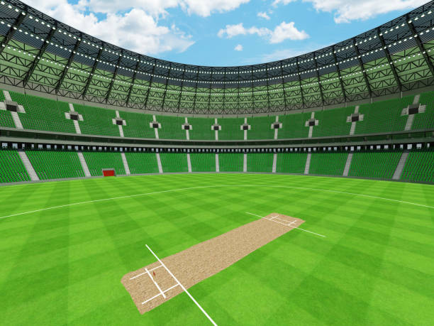 istock 3D render of a round cricket stadium with green seats and VIP boxes 666486648