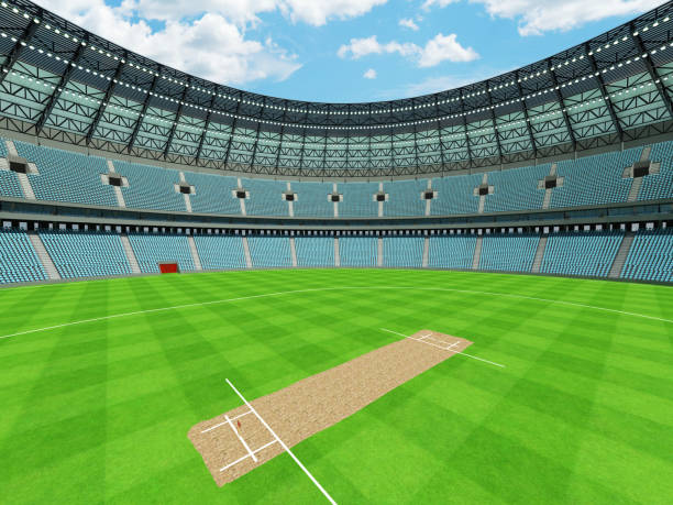 istock 3D render of a round cricket stadium with sky blue  seats and VIP boxes 666486688
