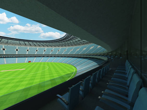 istock 3D render of a round cricket stadium with sky blue  seats and VIP boxes 666486694