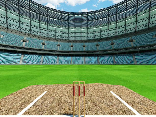 istock 3D render of a round cricket stadium with sky blue  seats and VIP boxes 666486712