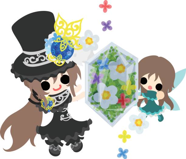 The silk hat girl and fairy A black silk hat girl and cute fairy 妖精 stock illustrations