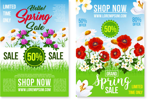 ilustraciones, imágenes clip art, dibujos animados e iconos de stock de venta de primavera vacaciones vector carteles plantillas web - flower red poppy sky