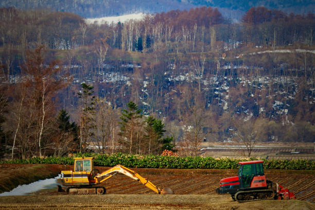 Snow melting rice field Snow melting rice field 丘 stock pictures, royalty-free photos & images