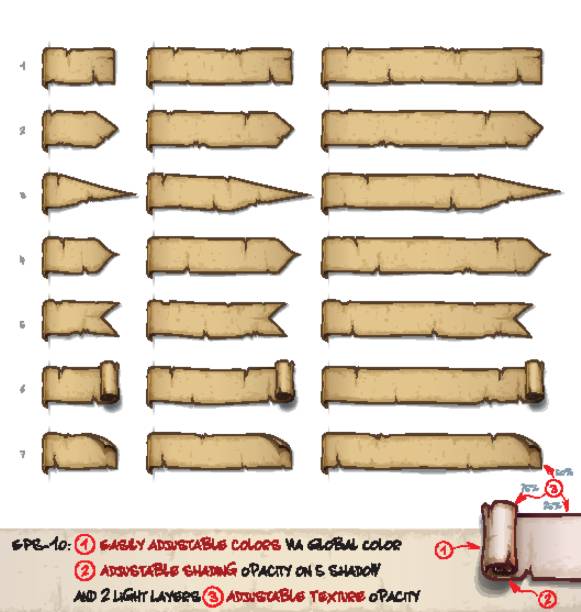 papirus tagi poziome - siedem wzorów przez trzy rozmiary - scroll old paper folded stock illustrations