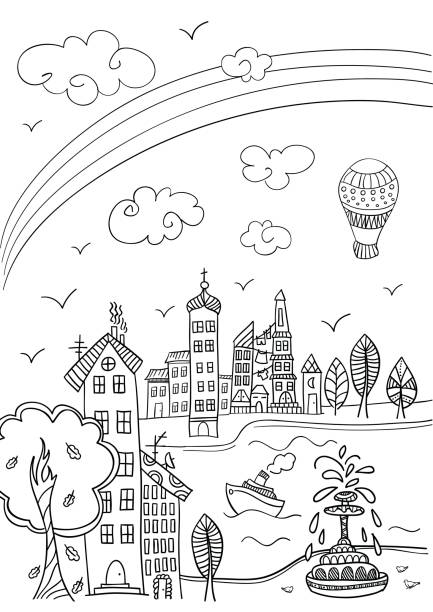 Town street with rainbow. Town street with rainbow. Coloring book page in doodle style. background studio water stock illustrations