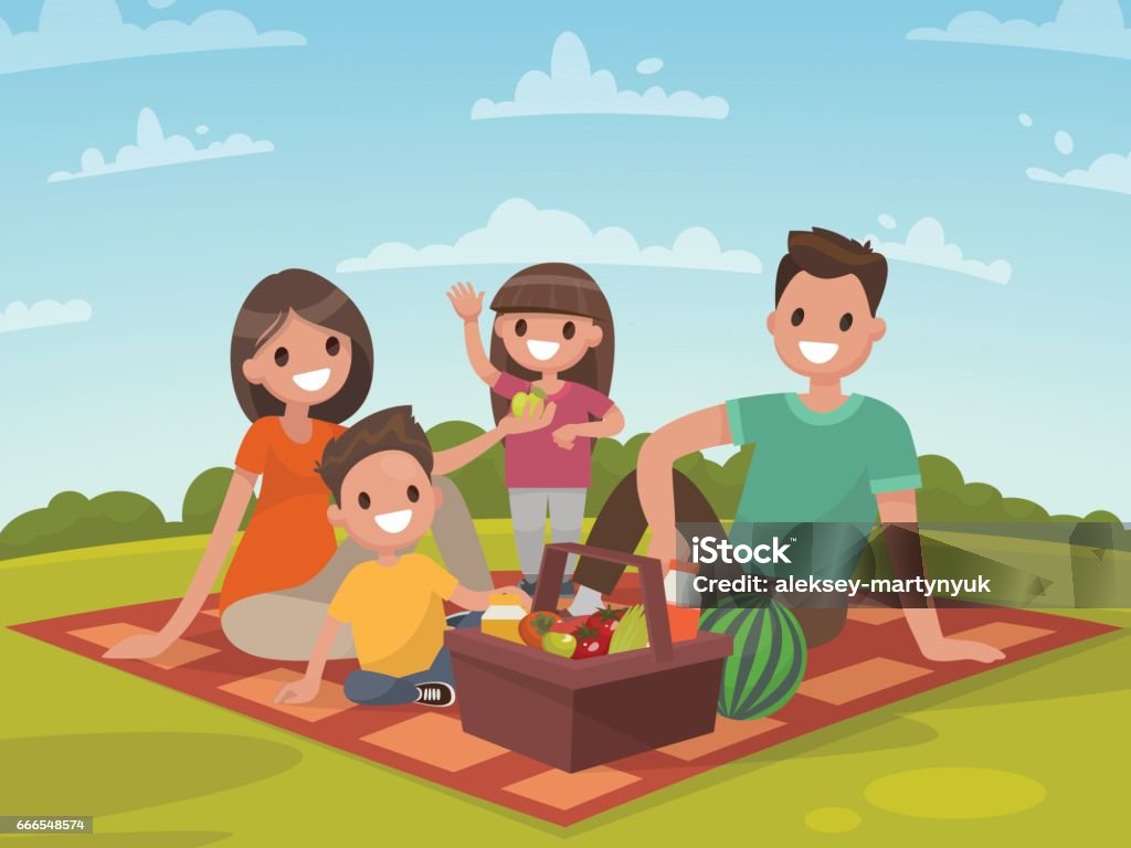 Happy family on a picnic. Dad, mom, son and daughter are resting in nature Happy family on a picnic. Dad, mom, son and daughter are resting in nature. Vector illustration in a flat style Picnic stock vector