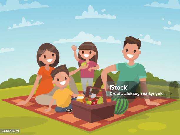 Happy Family On A Picnic Dad Mom Son And Daughter Are Resting In Nature Stock Illustration - Download Image Now