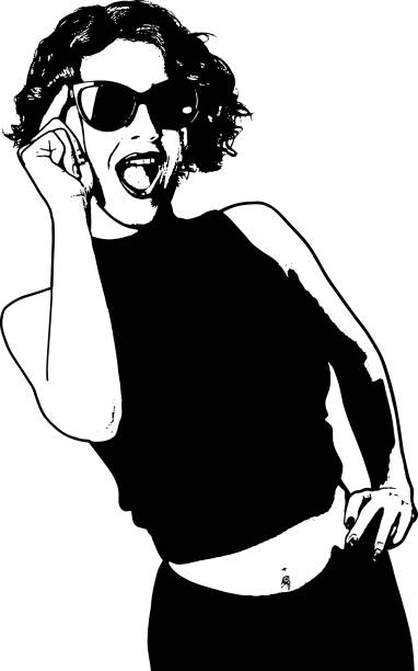 illustrazioni stock, clip art, cartoni animati e icone di tendenza di silhouette ritratto di una giovane donna enertetica che ride - mano sul fianco illustrazioni